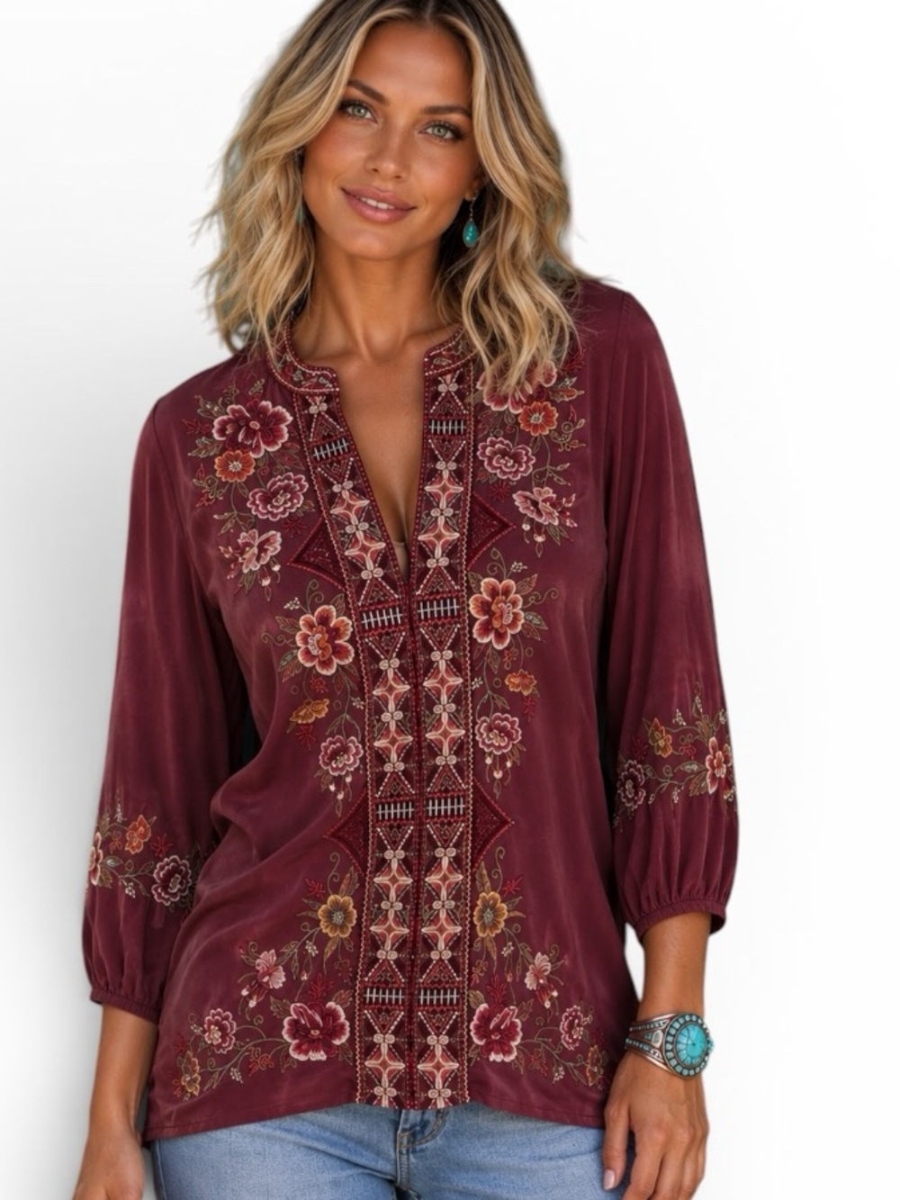 Johnny Was Nepal heavily embroidered silk blouse RARE color